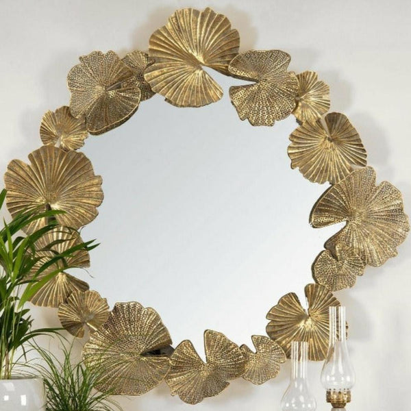Spegel med löv Antik Guld Ø90 cm - För alla rum